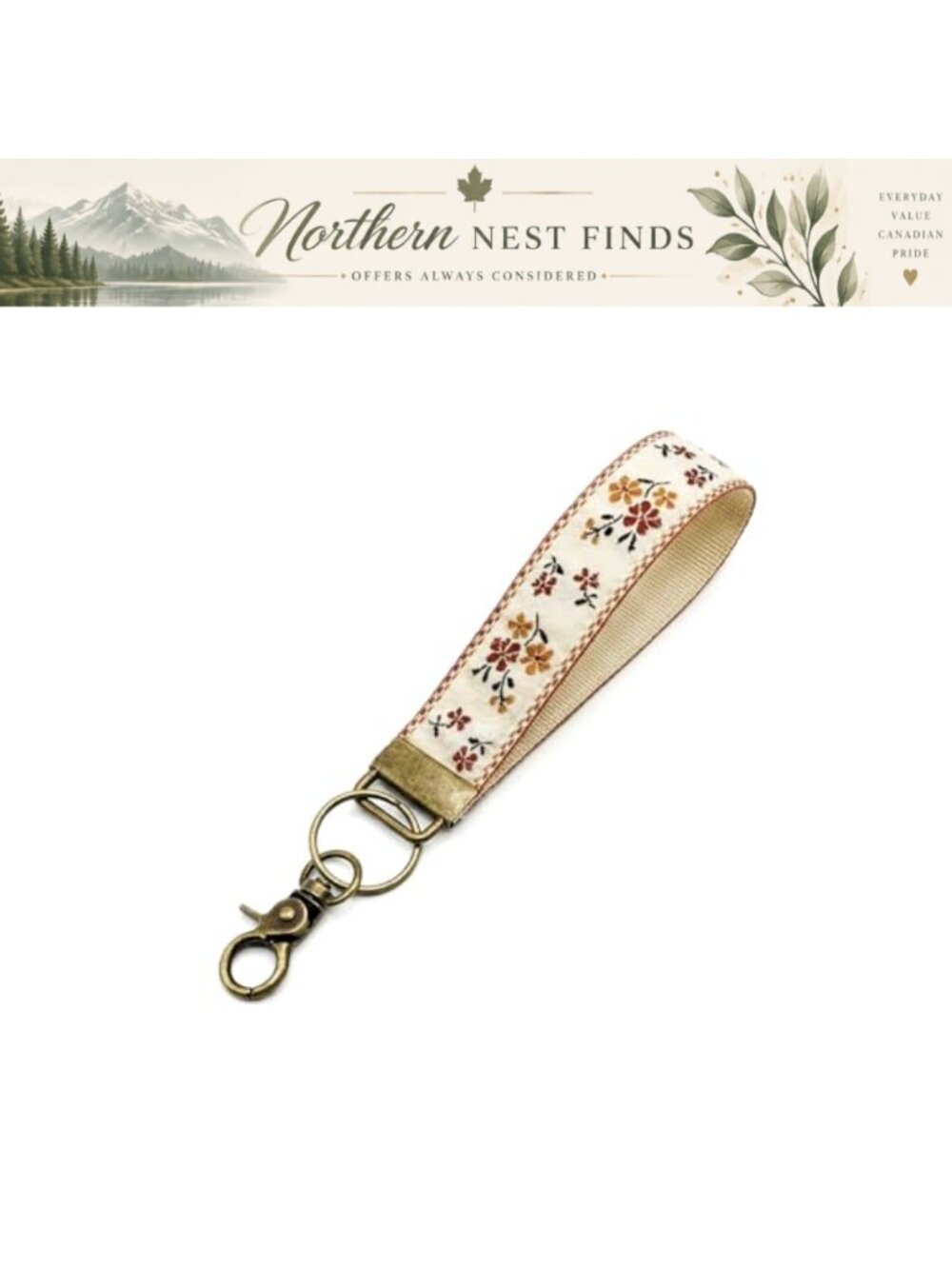Boho Floral Embroidered Wristlet Keychain Cotton Webbing Lanyard Bag Charm